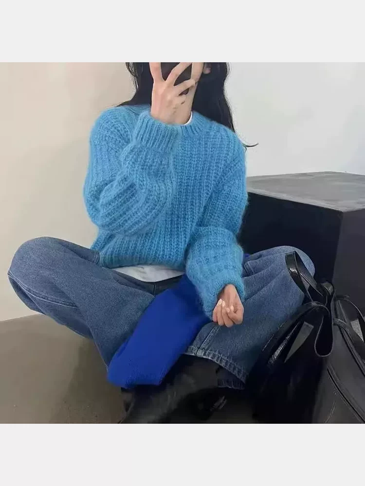 韩系温柔风百搭蓝色短款奶fufu的毛衣女秋冬新款小个子打底衫