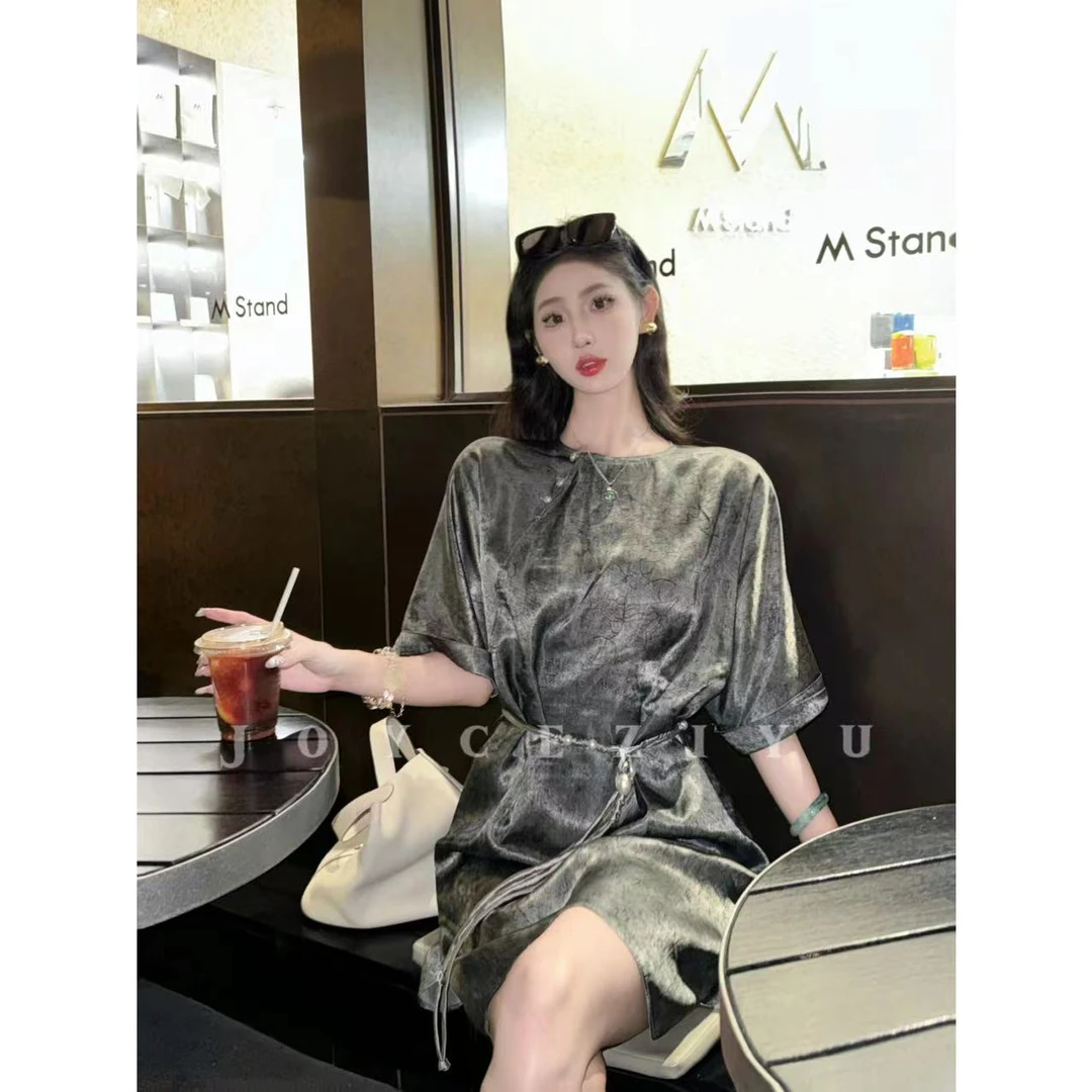 【Joyce子瑜】银河遐想·龟裂纹三醋酸老钱极光灰高知时髦收腰连衣裙