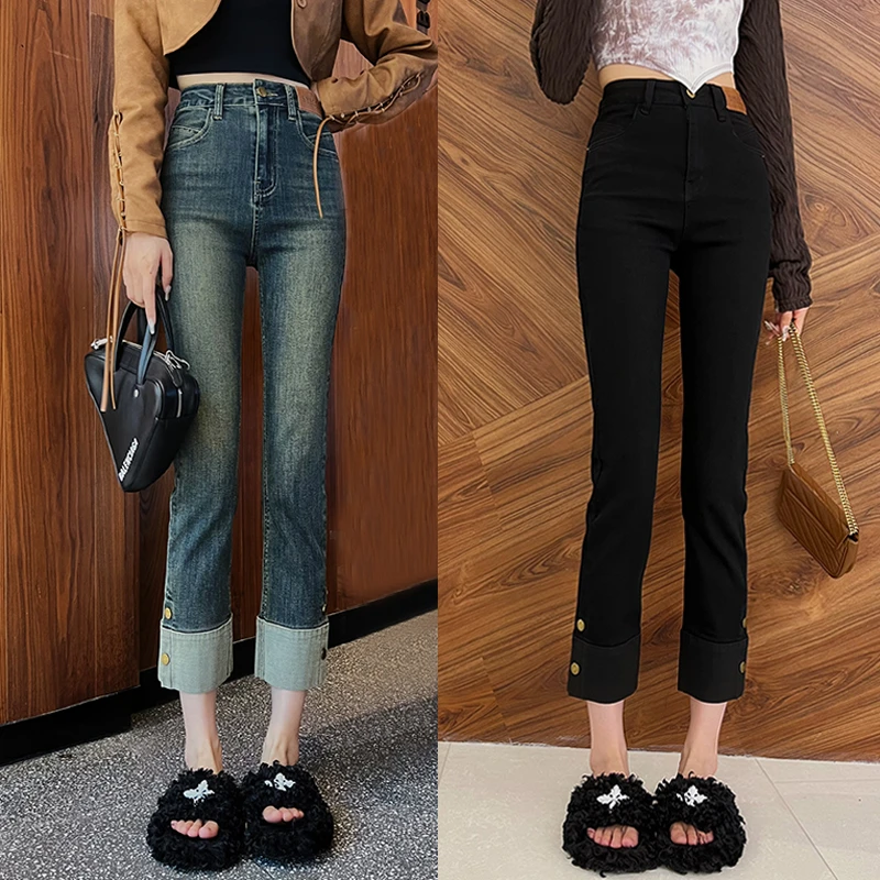 【coco严选】06黑色加绒直筒牛仔裤女纽扣百搭显瘦加厚烟管九分裤子