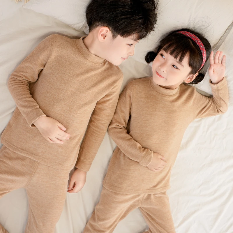 儿童德绒秋衣秋裤男童女童家居服套装蚕丝羊毛中大童睡衣中领保暖