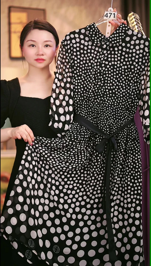 F99黑色波点女装连衣裙长袖气质夏季印花百搭显瘦春夏