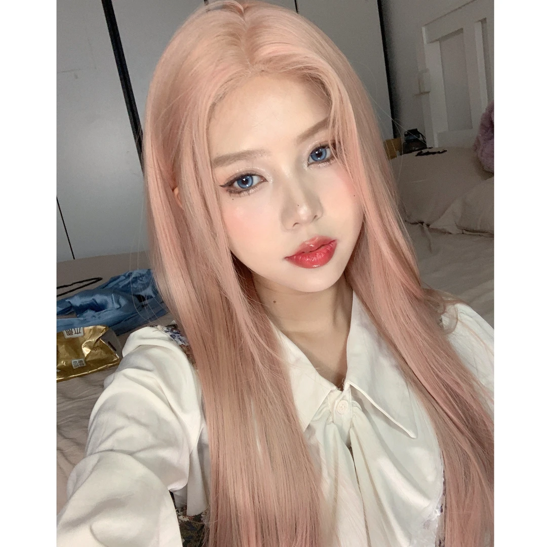 小额蕾丝中分粉色长直发女团风显白时尚女士全头套造型假发方便