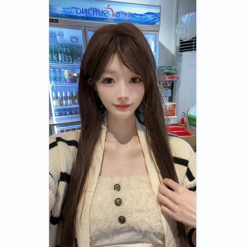 白白专属-长直发齐刘海巧克力色机制全头套假发