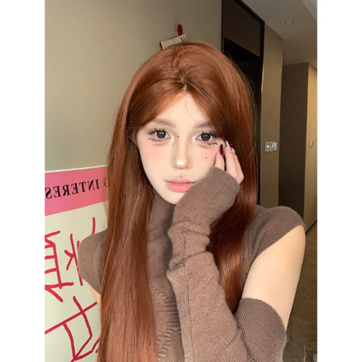 KuKu专属【松饼】小额蕾丝长直发新款自然橘红中分氛围感全头套假发