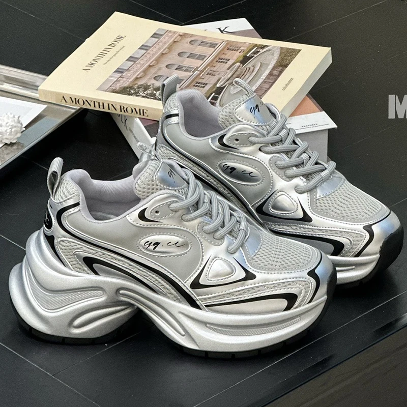 白鹿虞书欣同款闪耀银河老爹鞋女2024春季新款银色厚底运动休闲鞋
