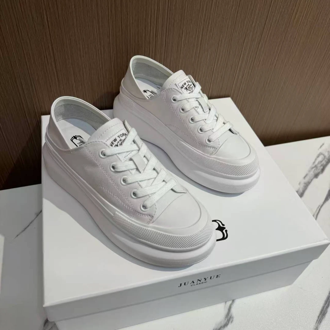 5厘米厚底头层牛皮小白鞋时尚百搭可穿可拖真皮系带透气休闲女鞋