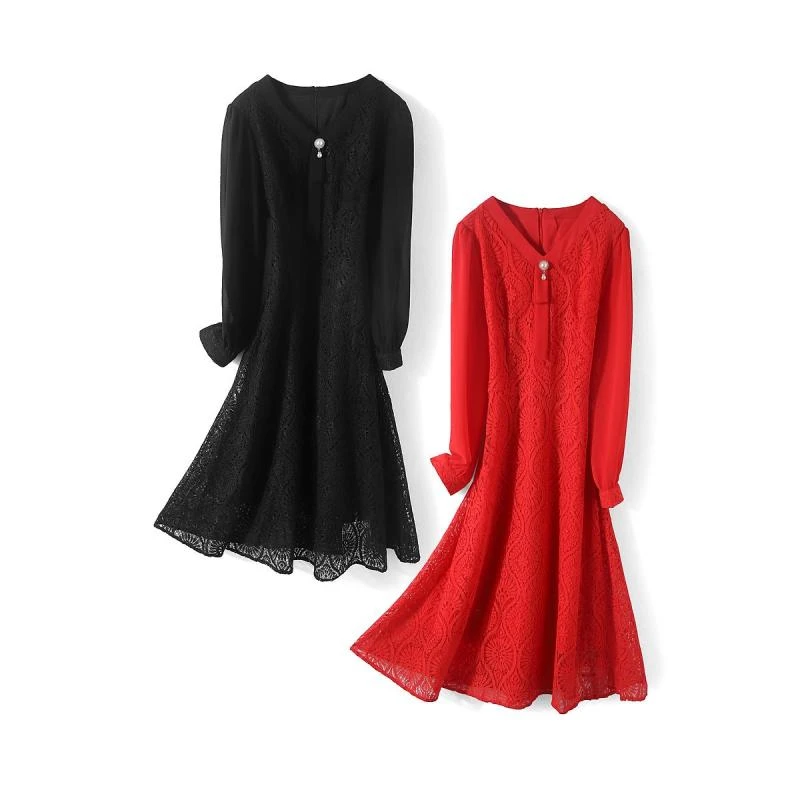 12748【迪系列】蕾丝V领收腰连衣裙22CL9105