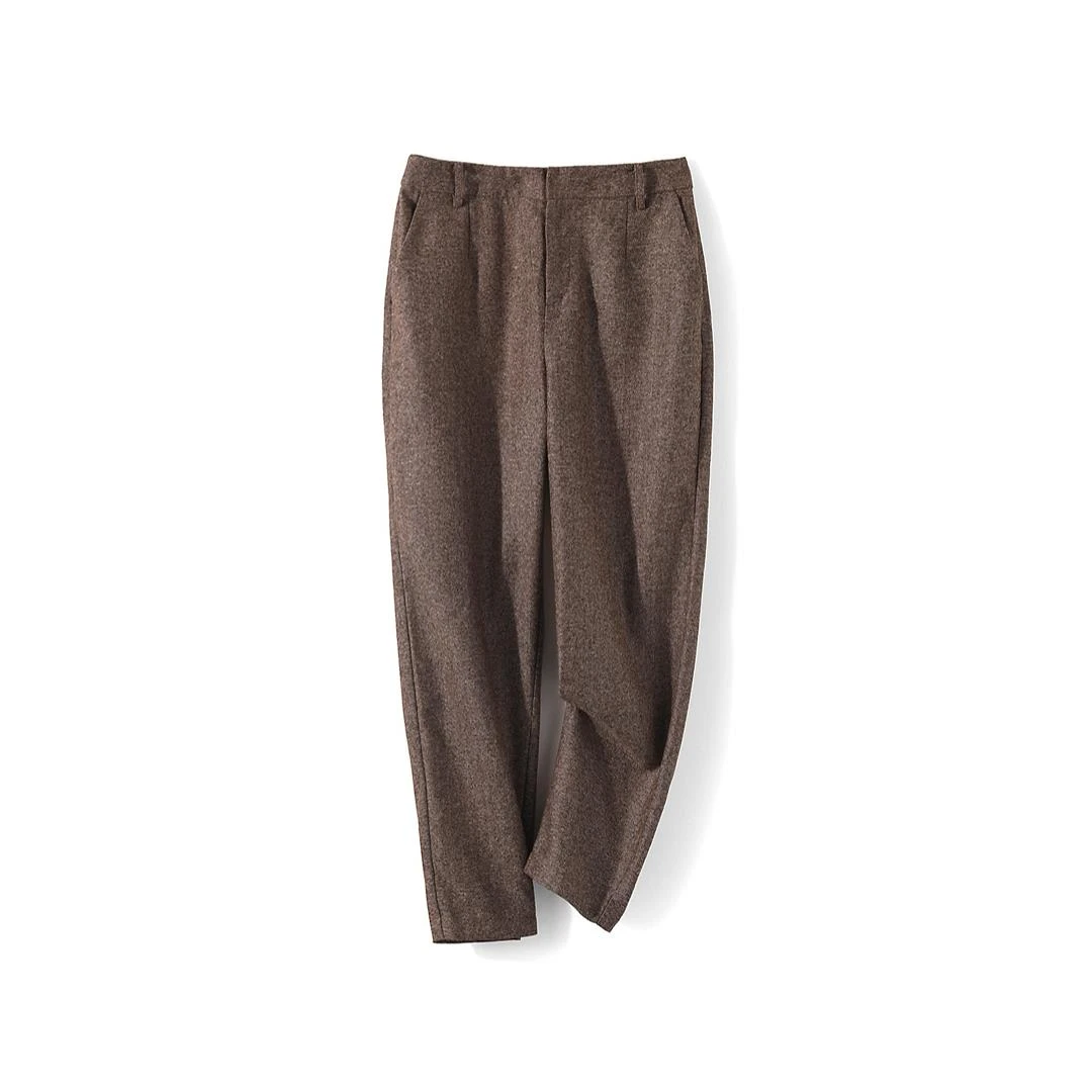 6944【优系列】气质咖色人字纹毛呢休闲裤1011141142