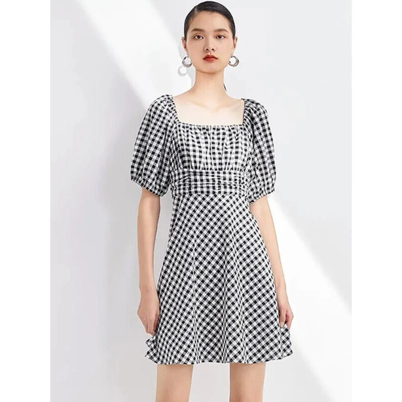 24567【羽系列】黑白格方领连衣裙222L060