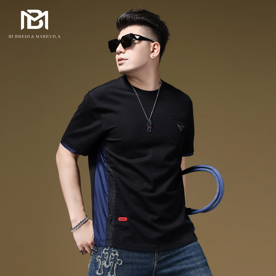 BM欧美潮牌t恤男撞色拼接设计感机能短袖t恤男宽松男装2023新款夏