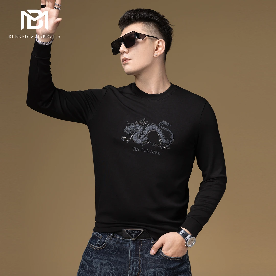 龙图案衣服刺绣烫钻卫衣男国潮高端轻奢男装2023新款秋季上衣