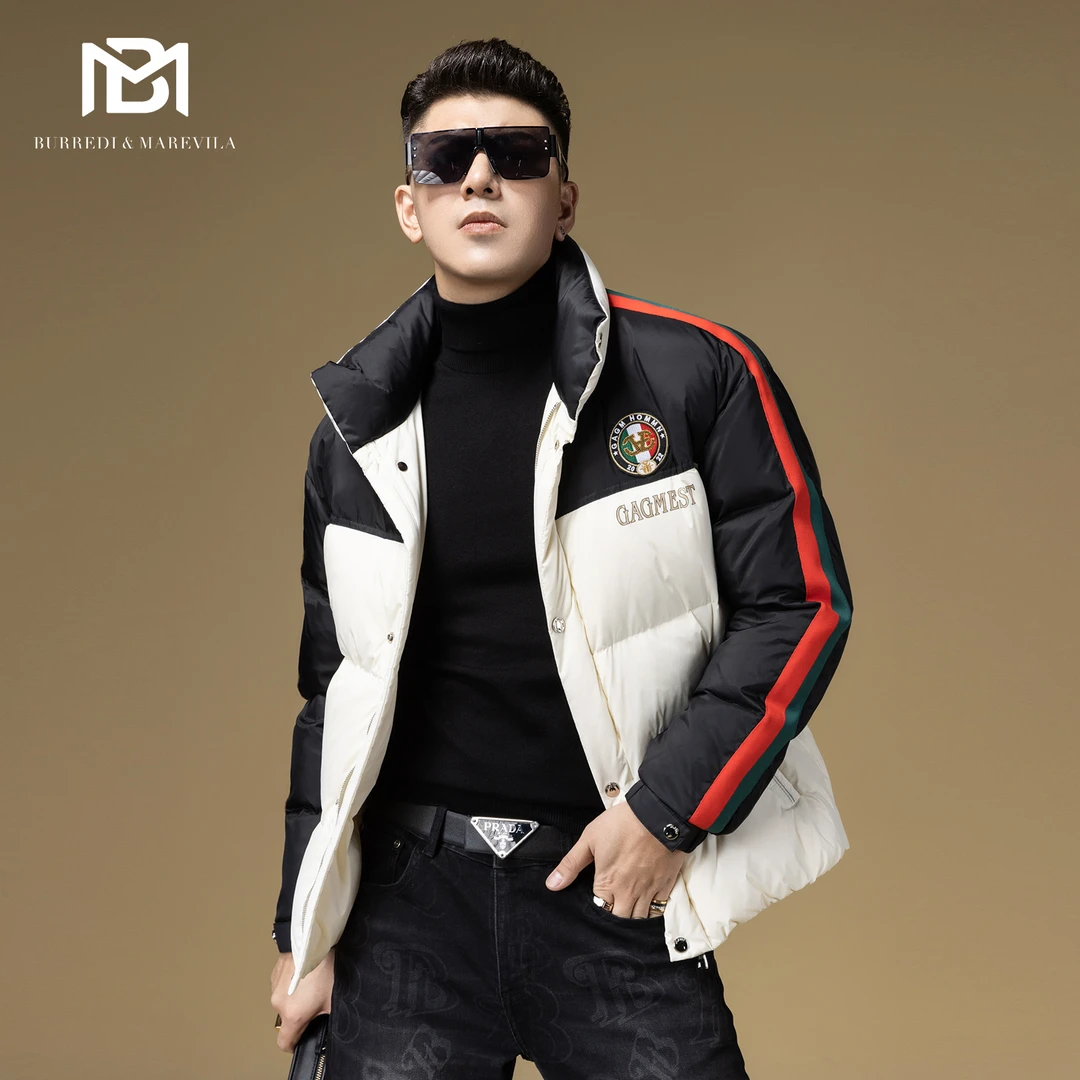BM欧货高端立领羽绒服男新款冬季条纹装饰时尚休闲外套男士上衣厚
