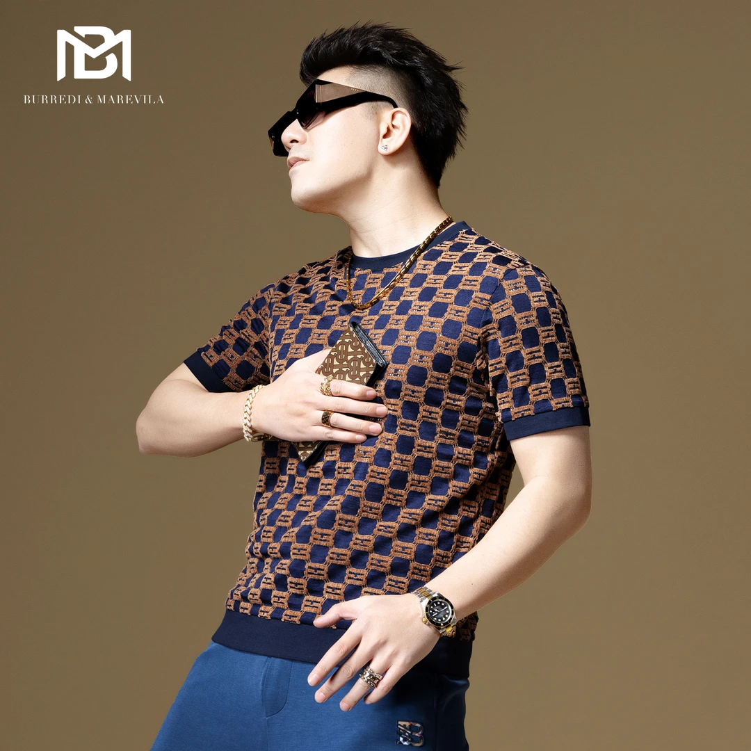 BM轻奢男装高级感夏季植绒格子短袖t恤男潮流镂空2023新款打底衫