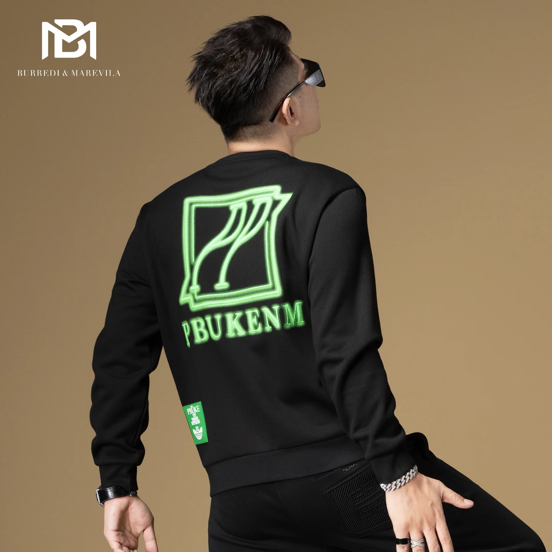 BM荧光绿字母印花卫衣男春秋季2023新款潮牌圆领男士秋装上衣外套