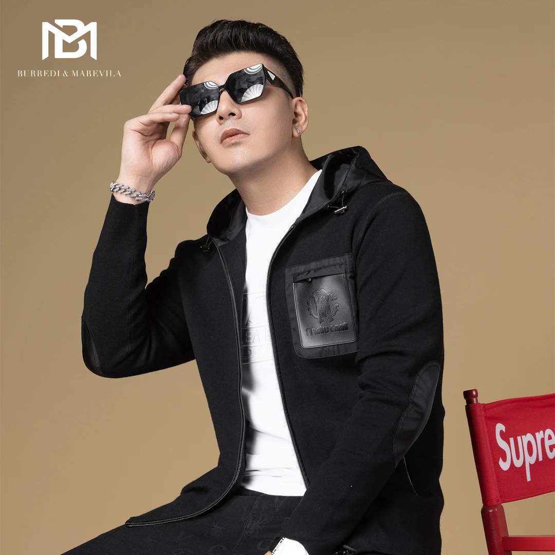 BM男士秋装上衣2023新款针织外套男潮高级感拼皮口袋连帽高端夹克