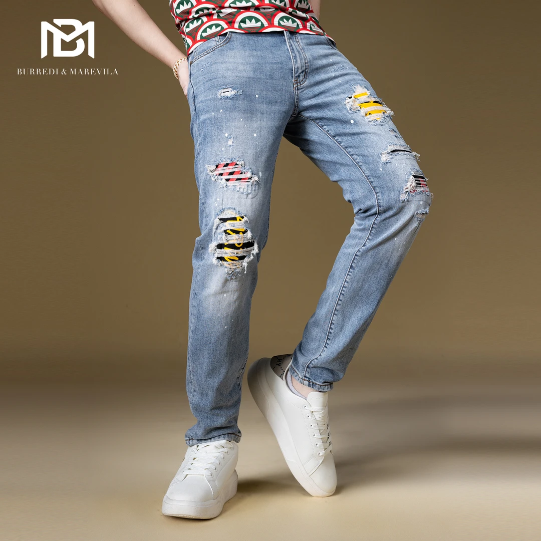 BM美式复古高街裤子男潮牌痞帅破洞牛仔裤男士休闲裤2023新款春季