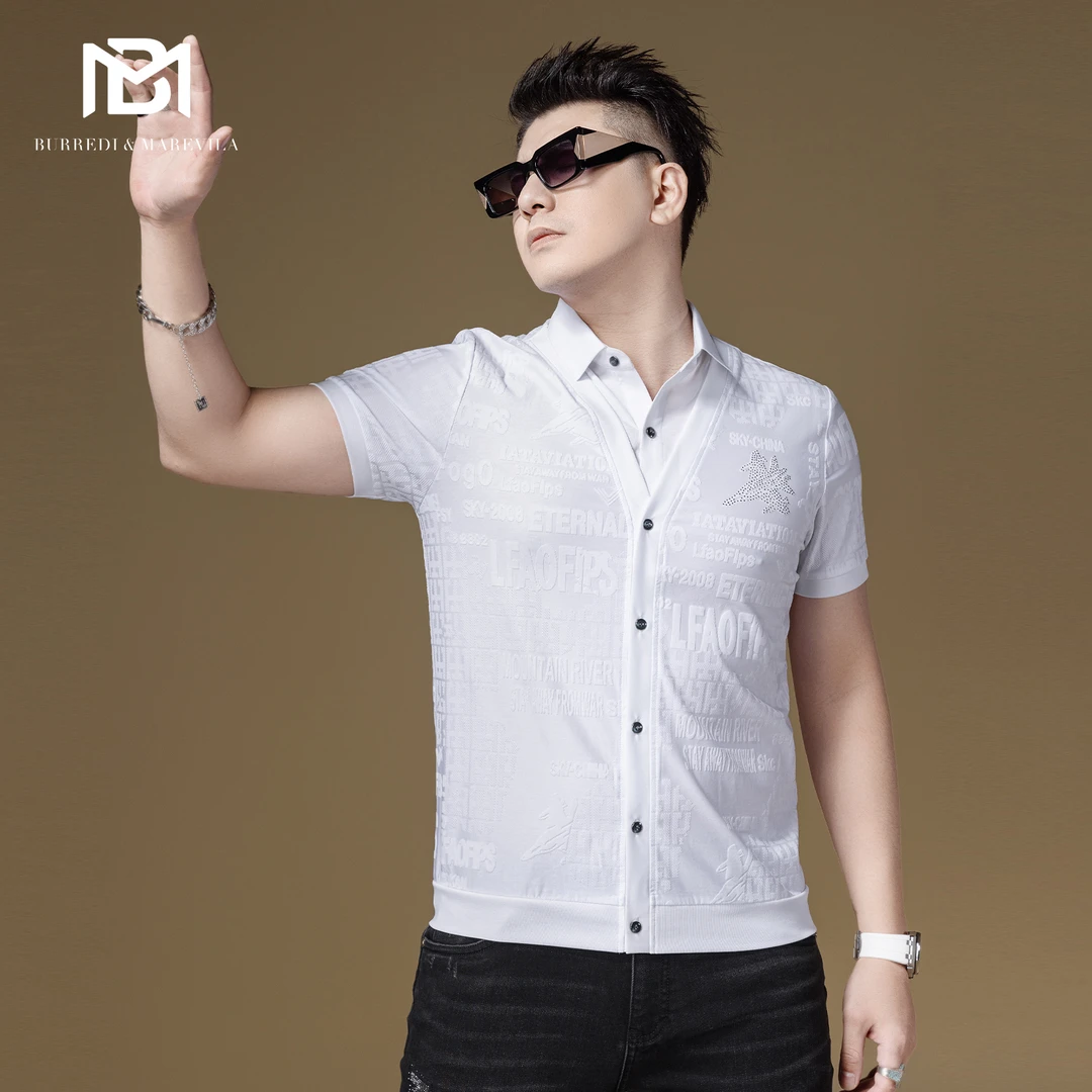 BM欧洲站t恤美式复古提花烫钻假两件短袖男款衬衫领男装2023新款