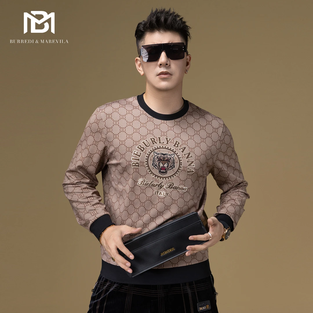 BM欧货男装2023新款复古印花烫钻老虎头卫衣潮牌男士秋装上衣圆领