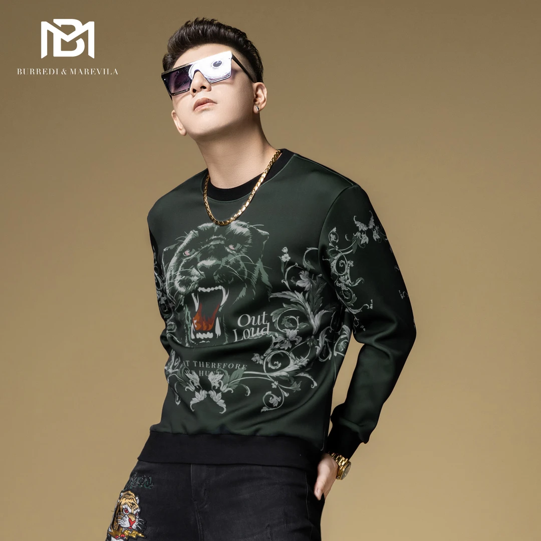 BM欧货男装2023新款潮牌复古豹头印花卫衣美式高街男士秋装上衣