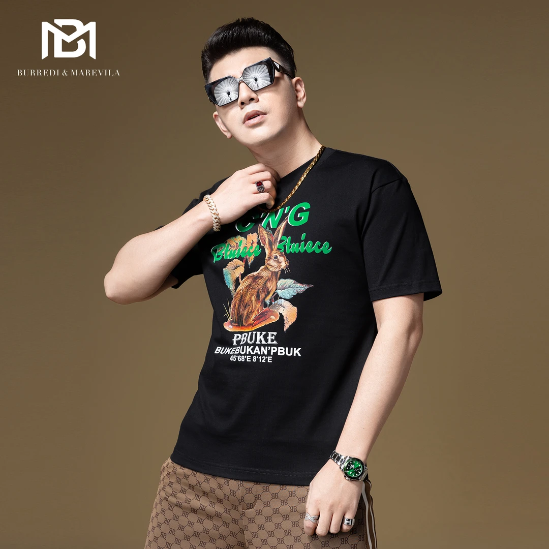 欧洲站t恤男兔子印花纯棉宽松短袖男潮牌潮流男装2023新款夏季