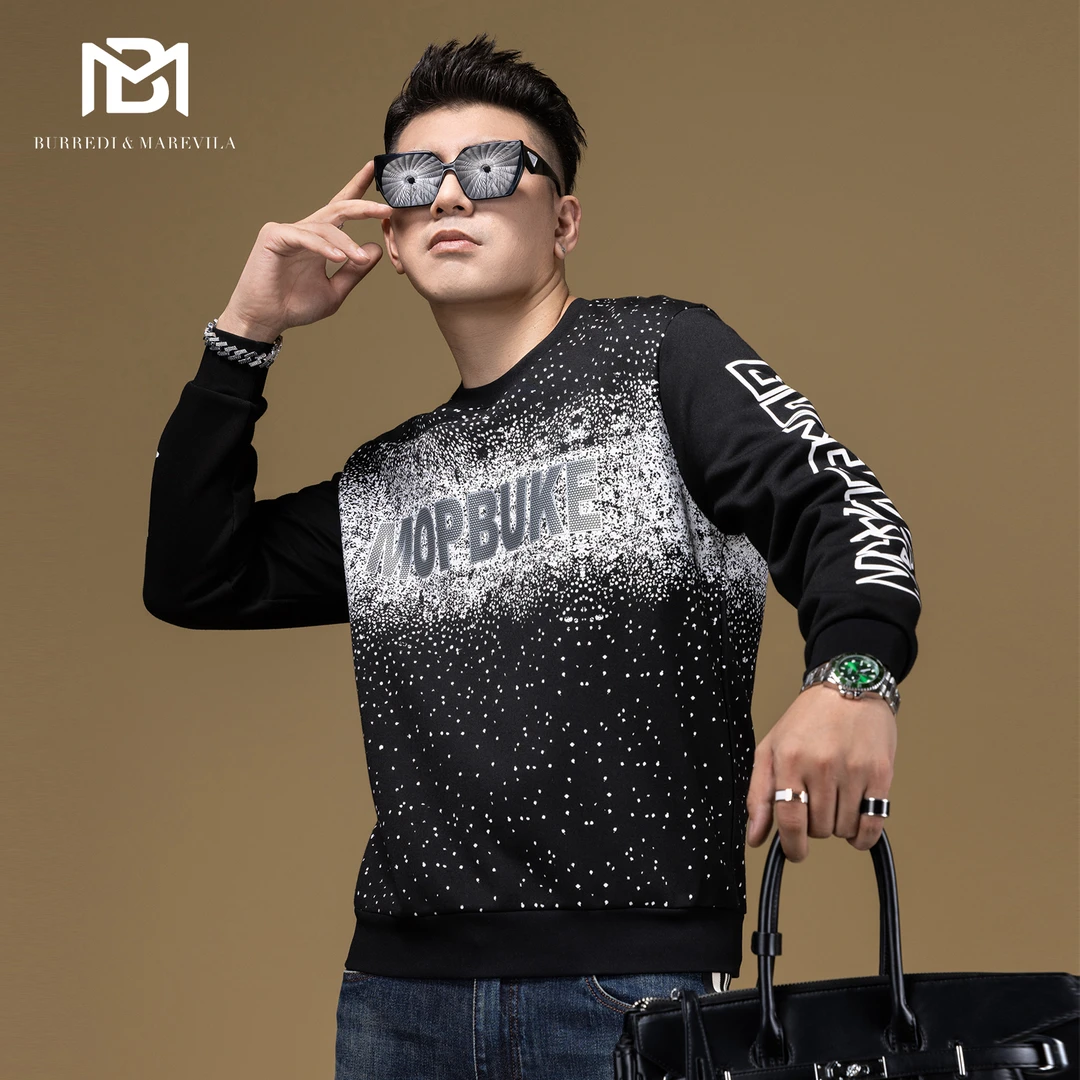 BM美式复古字母印花卫衣男秋季上衣潮牌痞帅炸街男装2023新款衣服