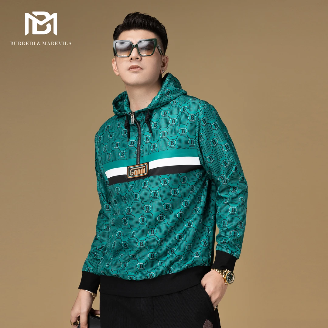 BM字母满花外套男潮高级感卫衣半拉链连帽男士秋装上衣2023新款