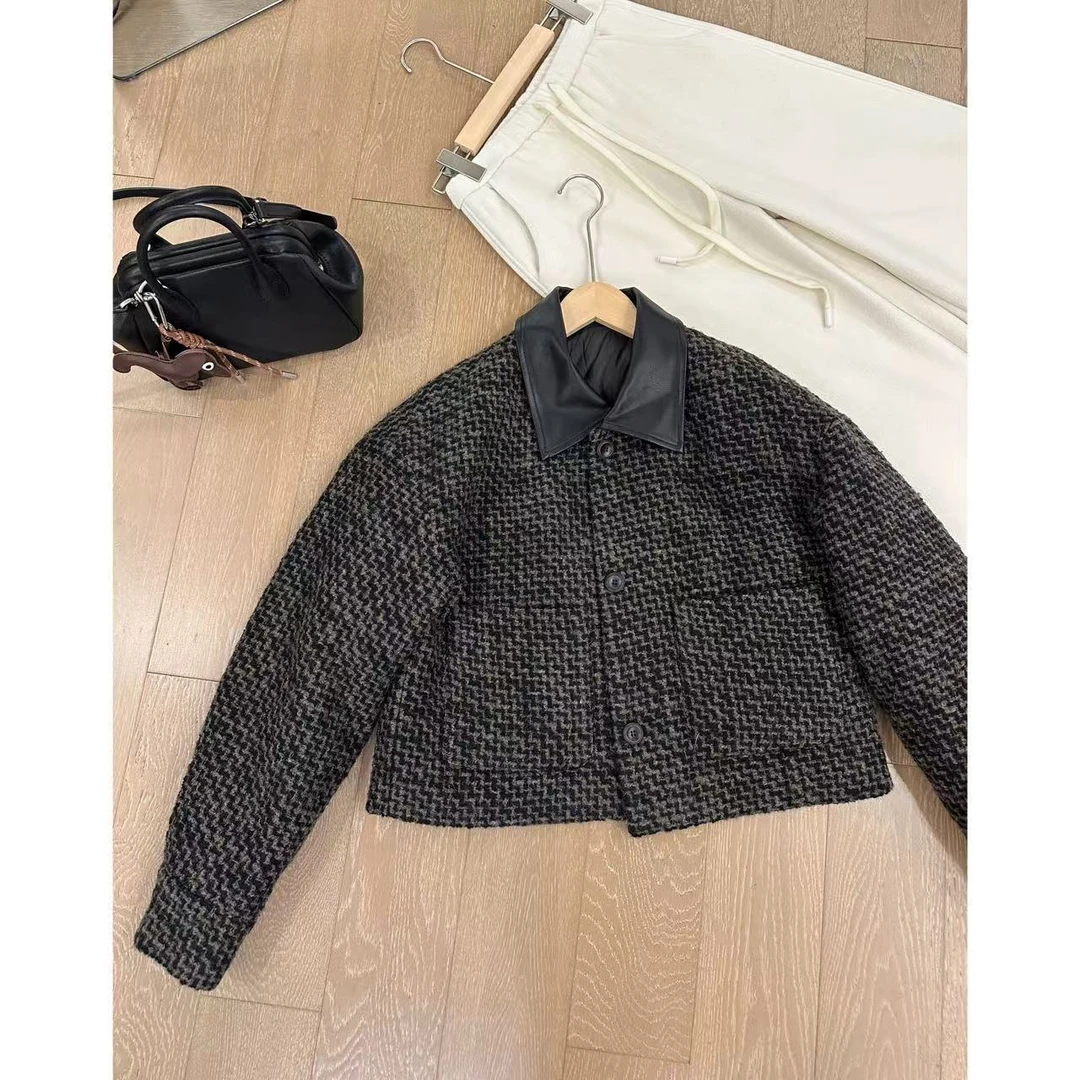 小静静一会【拼接撞色羽绒服】冬季粗花呢拼皮外套 2411B5497