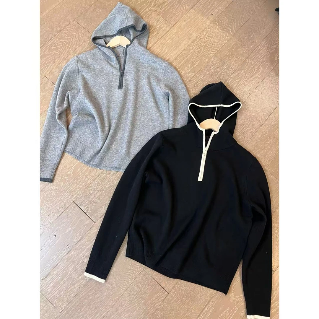 小静静一会【撞色针织帽衫】秋冬休闲套头百搭上衣 2411B5548