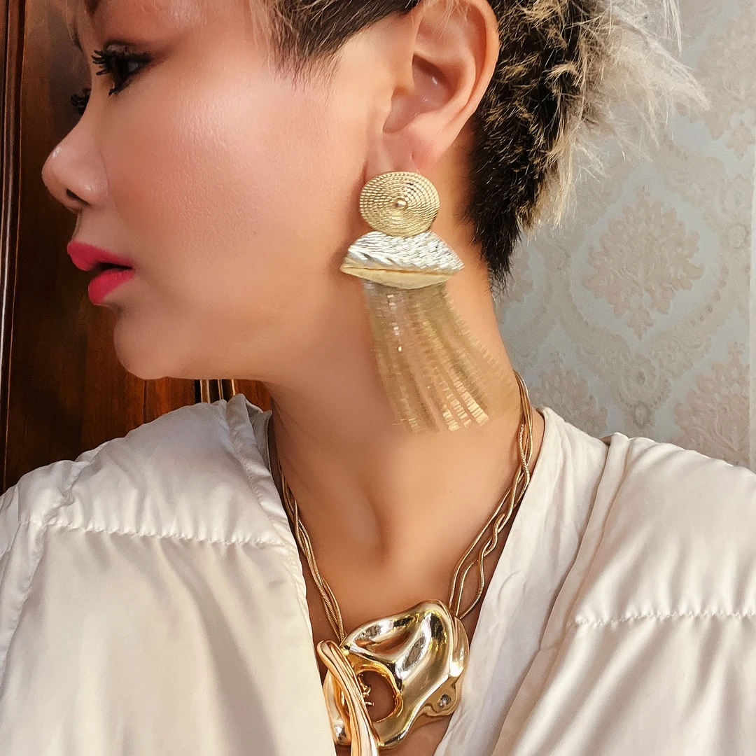 合金耳饰 【时尚先驱】欧美风气质长款金色流苏耳环轻奢饰品夸张