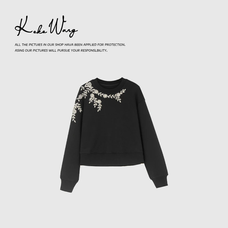 KOKO WANG 法式时尚肩部手工刺绣勾花圆领百搭卫衣140684A18T41