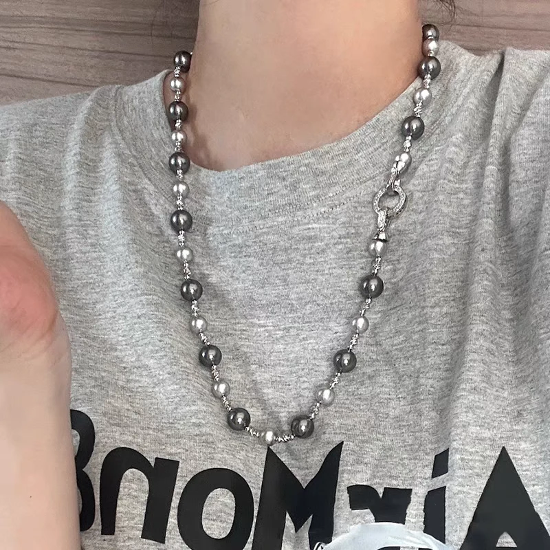 链子925银仿珍珠 倪姐同款混彩气质拼接大溪地长款百搭毛衣链项链