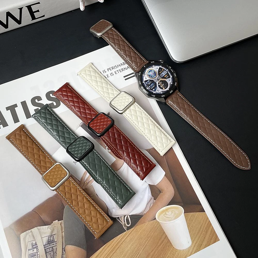 适用华为GT5/GT4表带Watch4/3pro菱形真皮男女GT32高颜值磁吸方扣