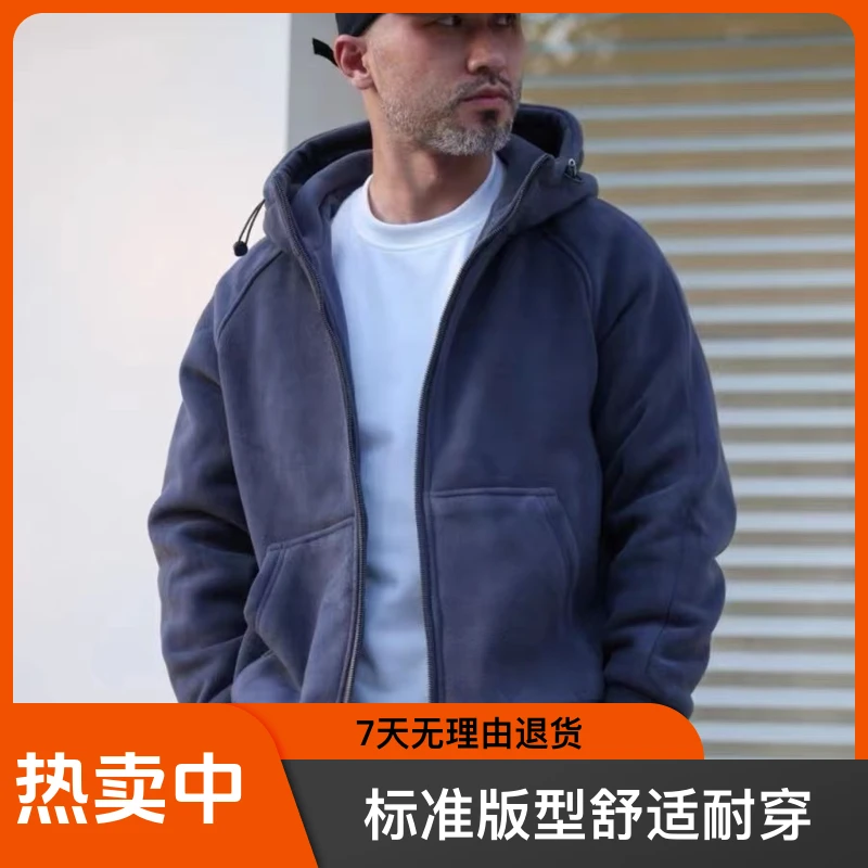 秋冬男士新款摇粒绒休闲夹克外套简约百搭情侣款连帽开衫休闲卫衣