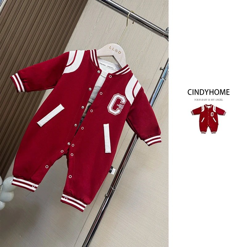 婴儿衣服不加绒新款洋气个性红色宝宝连体衣爬服哈衣