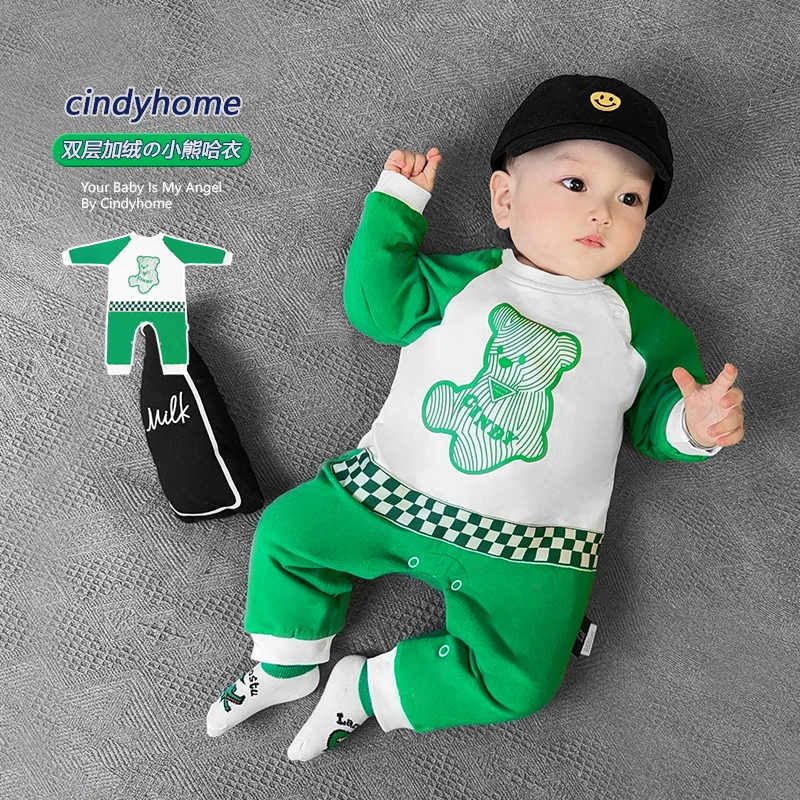 萌娃穿搭婴幼儿春秋新生儿长袖秋季网红卡通小熊哈衣连体衣爬爬服