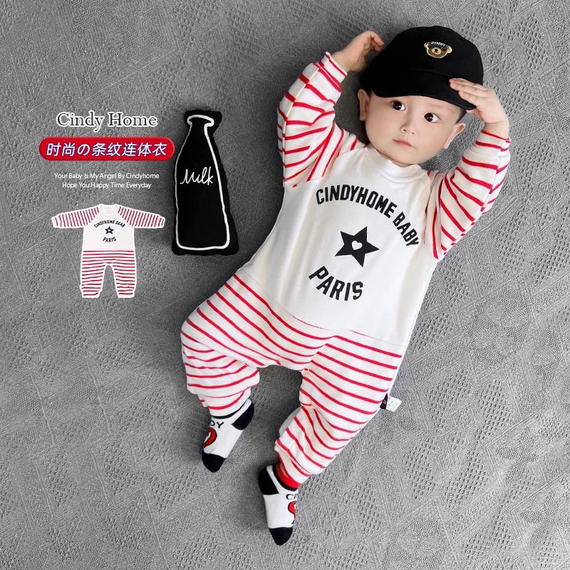 时尚个性婴儿连体衣秋冬季条纹双层加绒加厚冬天冬装衣服宝宝哈衣