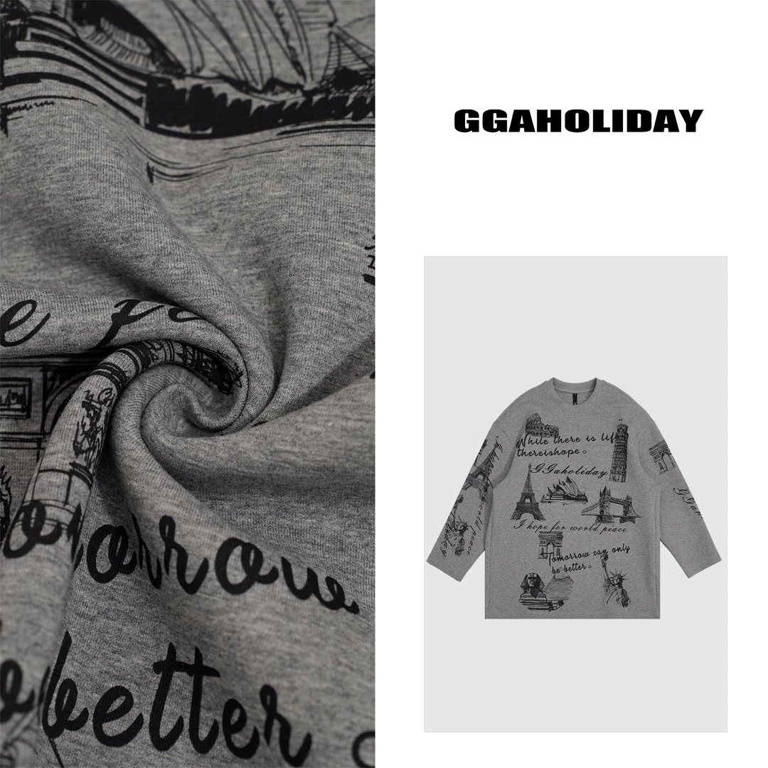 GGAHOLIDAY秋冬美式休闲复古长袖打底宽松潮流高街圆领T恤-144076