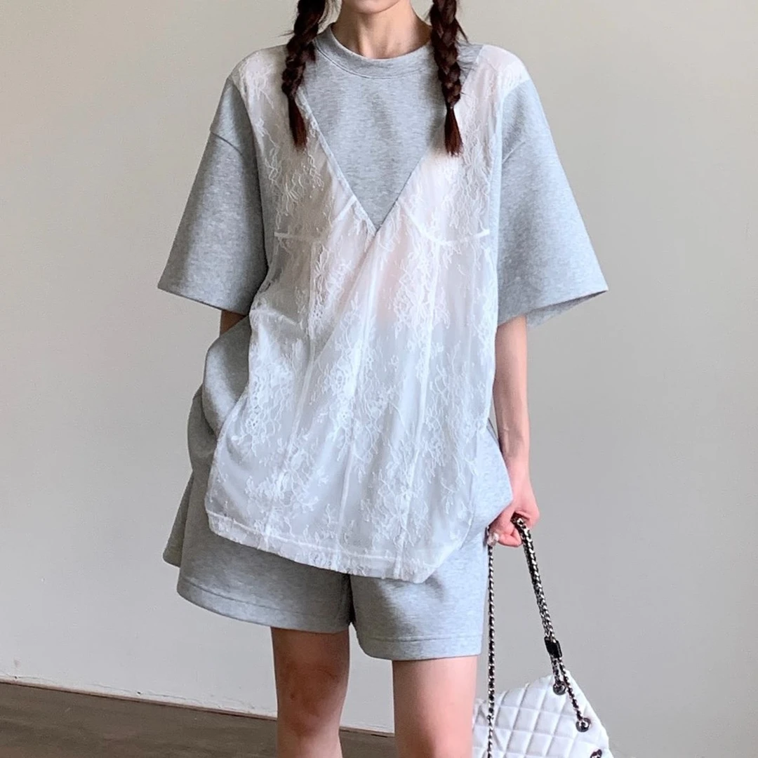潮牌宽松百搭休闲女套装时尚气质短袖蕾丝T恤上衣短裤遮肉-142112