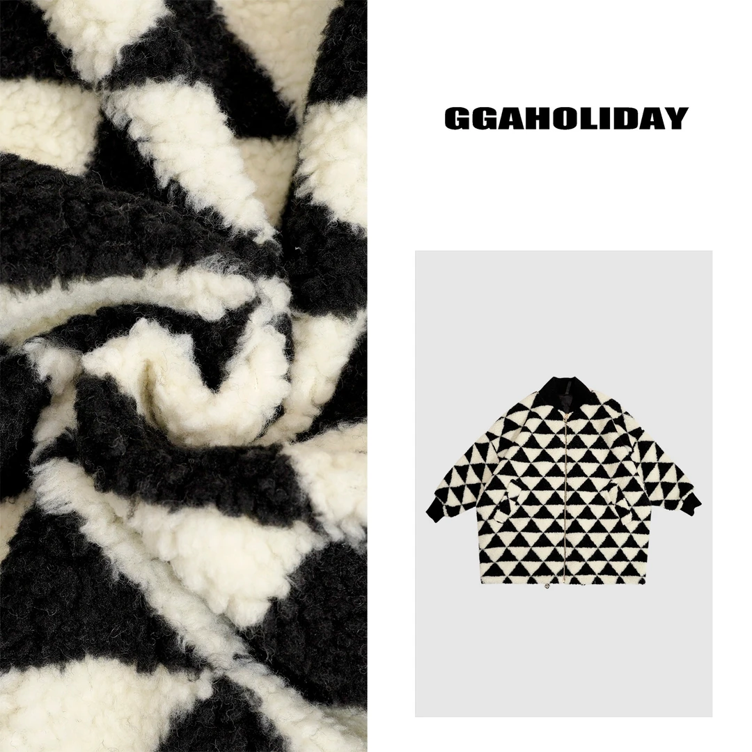 GGAHOLIDAY秋冬百搭宽松黑白格子中长款毛绒外套-144177
