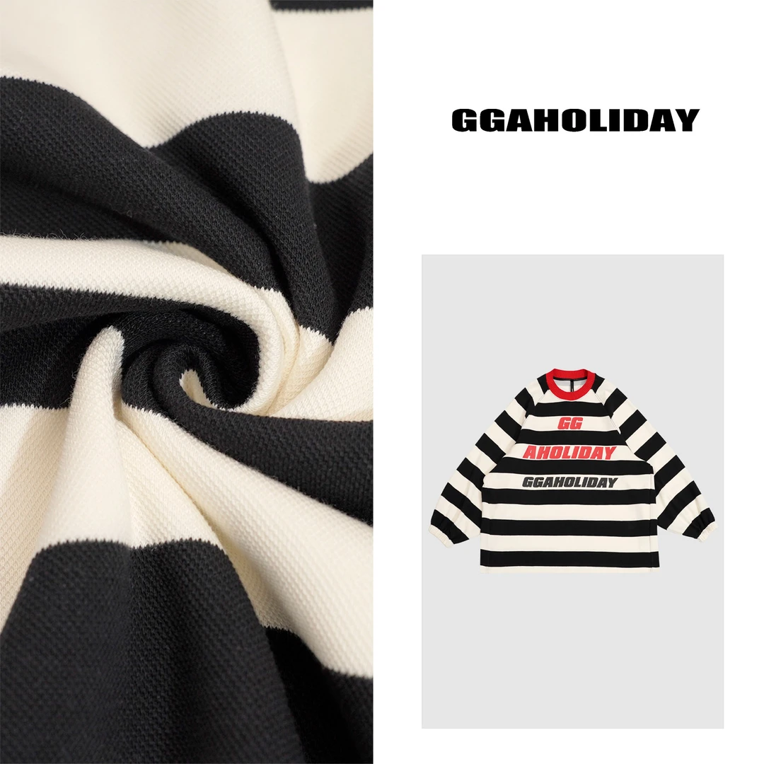 GGAHOLIDAY新款时尚宽松休闲百搭黑白条纹撞色套头长袖T恤-151086