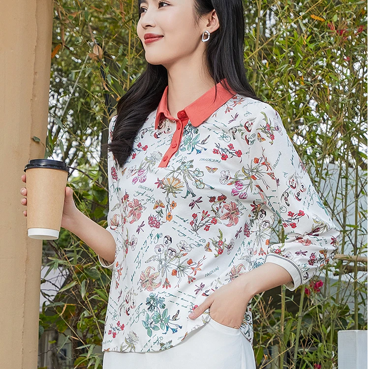 KUIPAI/葵牌2025春款印花翻领九分袖中年妈妈40岁50岁T恤