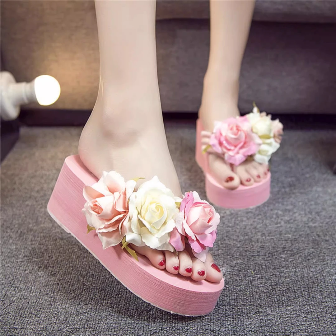 拖鞋女夏时尚外穿海边夹脚沙滩凉拖鞋松糕跟坡跟大花朵厚底人字拖