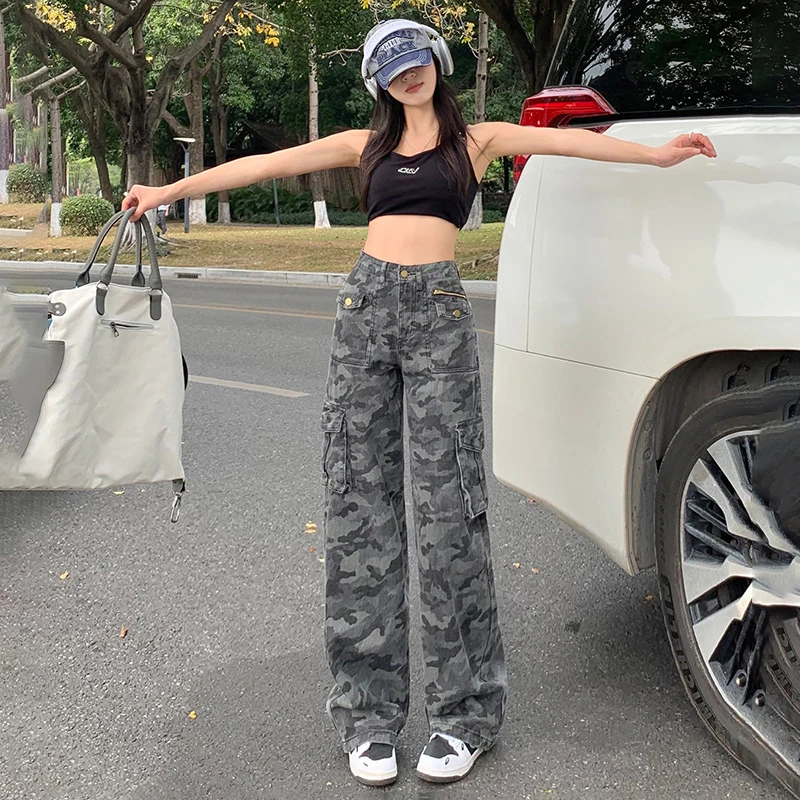CHRISUNO迷彩工装裤高街辣妹宽松阔腿高腰显瘦拖地潮23K2M3269