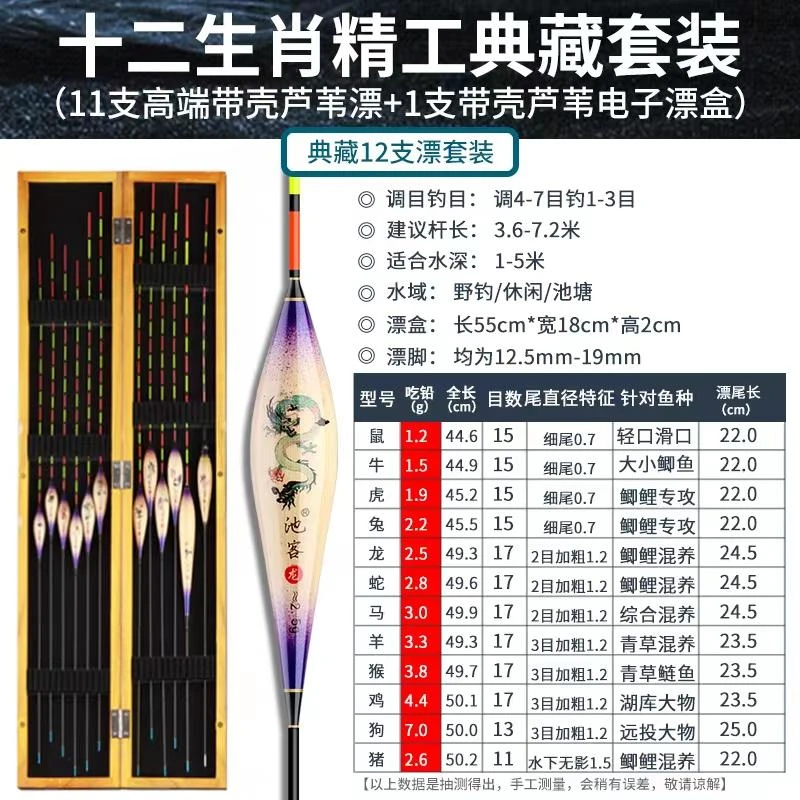 十二生肖套漂典藏版，芦苇材质浮漂，高灵敏全水域通用大小兼顾。