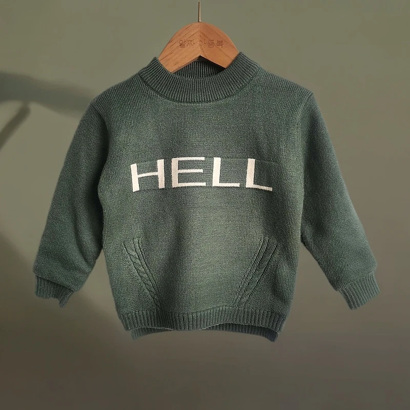 潮牌品牌折扣韩版字母提花加绒圆领毛衣儿童打底童装圆领套头毛衣