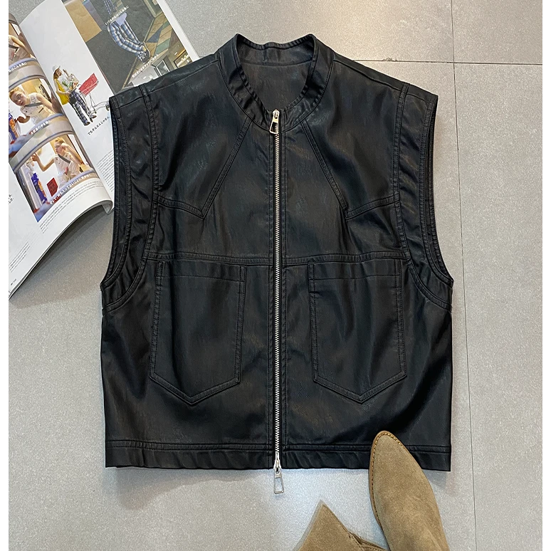 【千寻日代】PAQUITO 24马甲背心女上衣拉链款pu皮马夹潮流复古