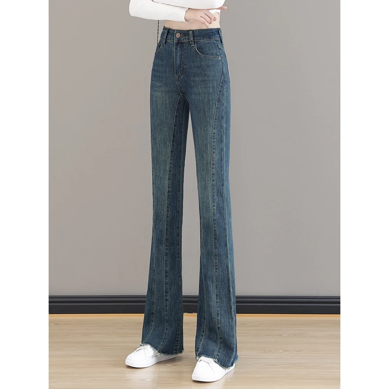 毛边牛仔喇叭裤女高腰显瘦裤子2023年新款秋季大码胖mm马蹄微喇裤