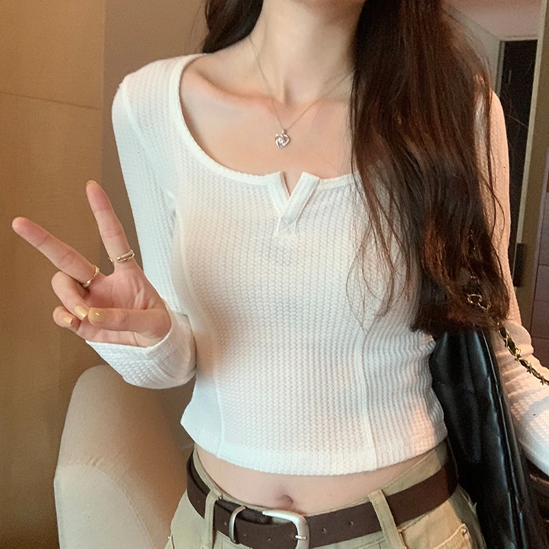 纯色低领长袖法式鱼骨上衣女秋季2023新款高腰修身显瘦内搭打底衫