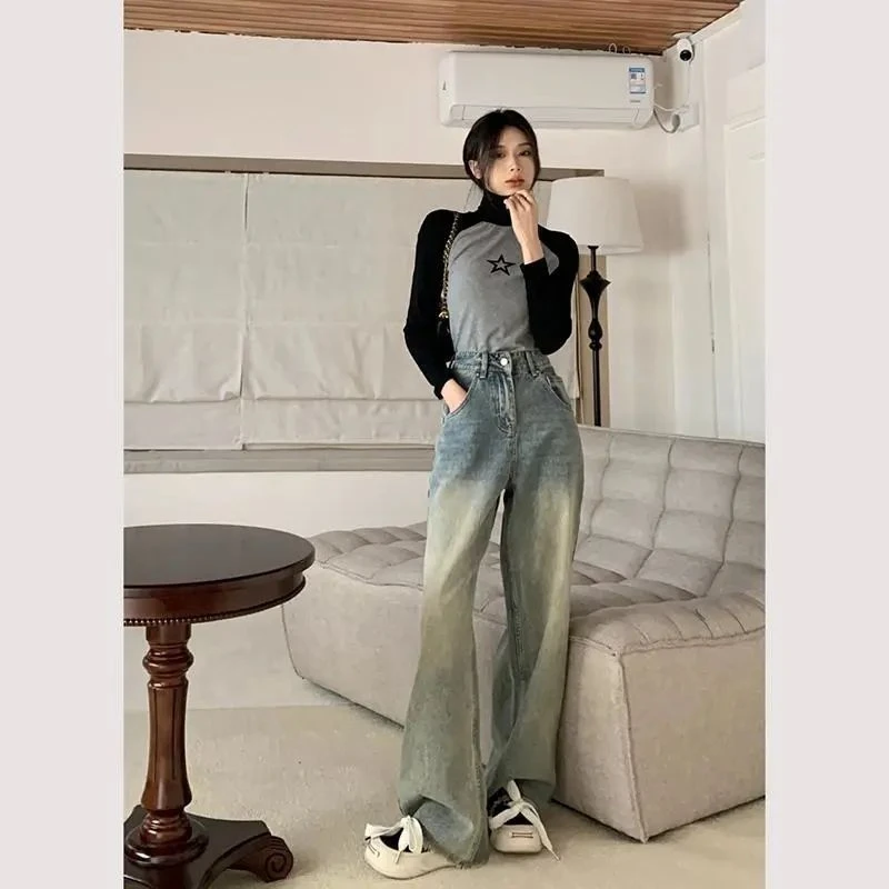 高腰直筒牛仔裤女春秋高街港风新款百搭毛边拖地裤子宽松阔腿长裤