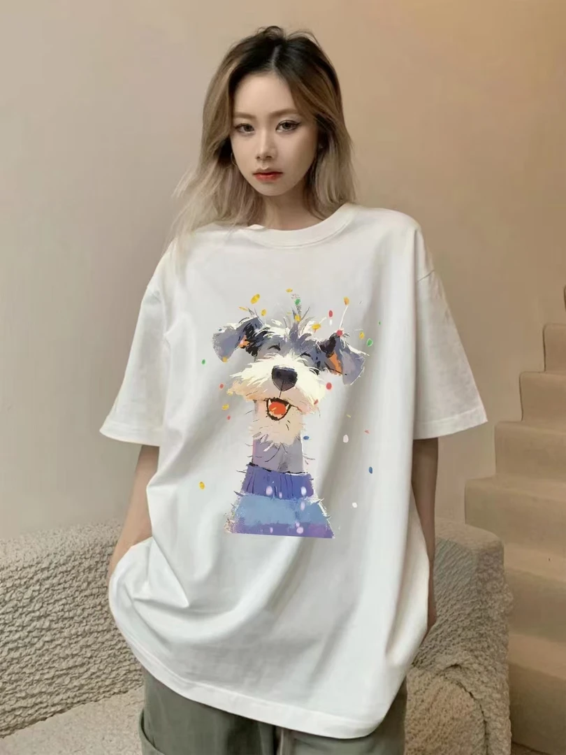 T2024新款圆领印花百搭复古韩版潮流纯棉宽松舒适针织白色短袖